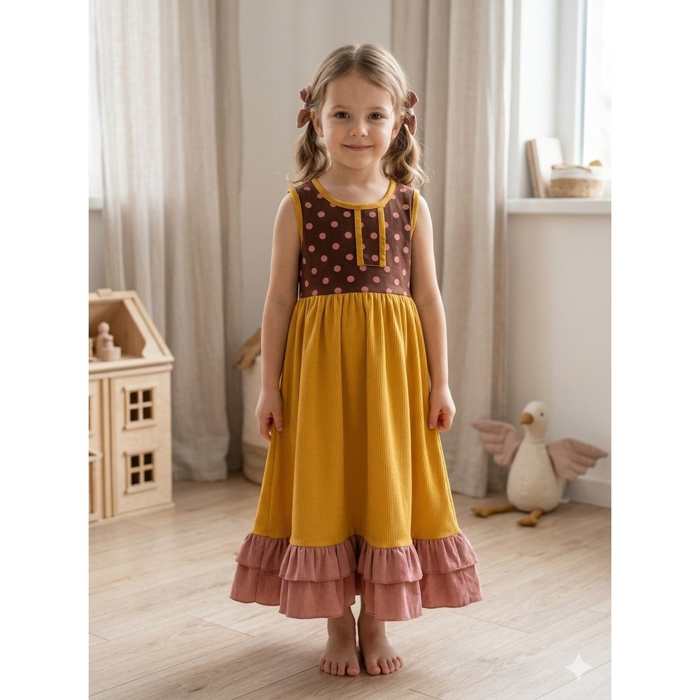 Lilli Lovebird Yellow & Brown Polka Dot Ruffle Dress